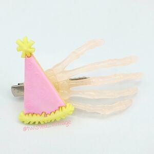 Handmade Pink Party Hat Glow in the Dark Skeleton Hand Hair Clip